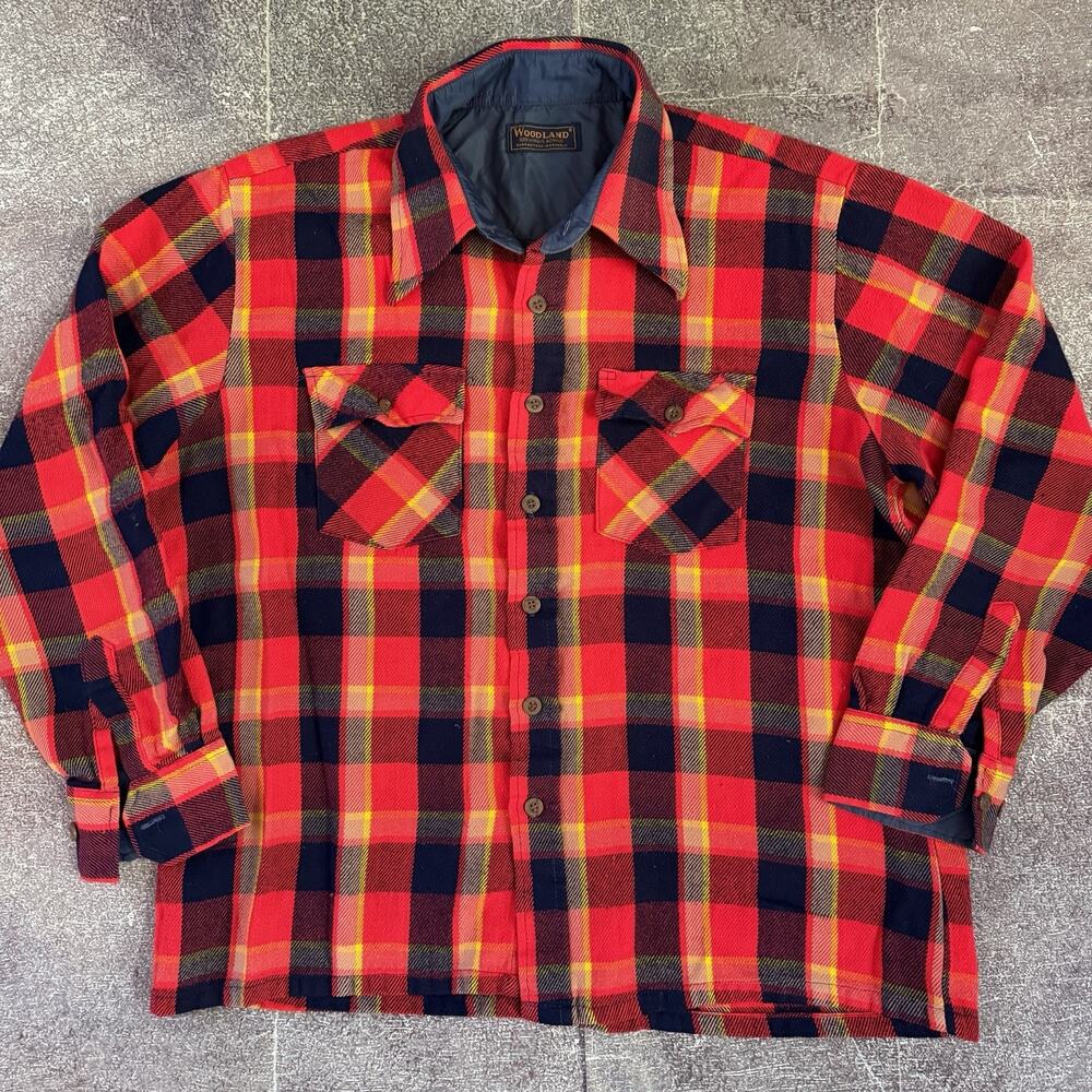 Men's Vintage 80's Woodland Red Blue Flannel Button Up Long Sleeve Shirt Sz L